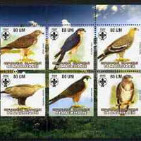Mauritania 2002 Birds of Prey #5 perf sheetlet containing 6 values (Eagles, Falcons & Hawks) each with Scout logo unmounted mint