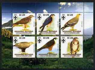 Mauritania 2002 Birds of Prey #5 perf sheetlet containing 6 values (Eagles, Falcons & Hawks) each with Scout logo unmounted mint