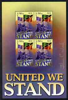 St Kitts 2002 United We Stand perf sheetlet containing block of 4, signed by Thomas C Wood the designer