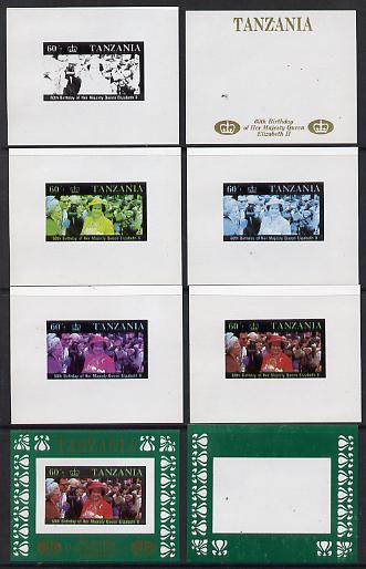 Tanzania 1987 Queen's 60th Birthday the unissued 60s sheetlet in set of 8 progressive colour proofs comprising individual colours, various 2, 3 or 4 colour composites plus the completed design unmounted mint