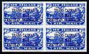 New Zealand 1934 Trans-Tasman Faith in Australia 7d blue imperf block of 4 being a 'Hialeah' forgery on gummed paper (as SG 554)