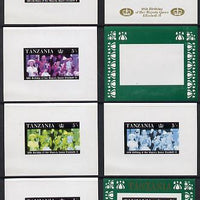 Tanzania 1987 Queen's 60th Birthday the unissued 5s sheetlet in set of 8 progressive colour proofs comprising individual colours, various 2, 3 or 4 colour composites plus the completed design unmounted mint