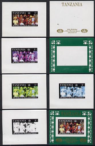 Tanzania 1987 Queen's 60th Birthday the unissued 5s sheetlet in set of 8 progressive colour proofs comprising individual colours, various 2, 3 or 4 colour composites plus the completed design unmounted mint