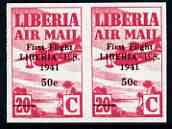 Liberia 1941 First Flight to USA 50c on 20c magenta imperf pair being a 'Hialeah' forgery on gummed paper (as SG 600)