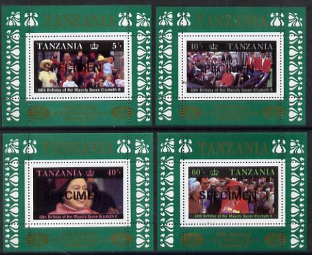 Tanzania 1987 Queen's 60th Birthday the perf set of 4 individual sheetlets (unissued) each overprinted SPECIMEN unmounted mint