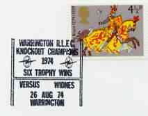 Postmark - Great Britain 1974 card bearing illustrated cancellation for Warrington RLFC v Widnes Knockout Champions