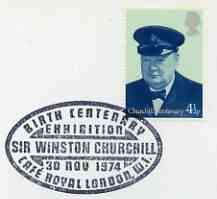 Postmark - Great Britain 1974 cover bearing illustrated cancellation for Birth Centenary Exhibition of Winston Churchill (Café Royal)