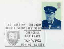 Postmark - Great Britain 1974 card bearing illustrated cancellation for Winston Churchill Secondary School (Woking)