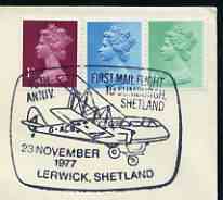 Postmark - Great Britain 1977 cover bearing illustrated cancellation for 40th Anniversary First Mail Flight to Sumburgh (Lerwick)