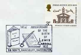 Postmark - Great Britain 1973 cover bearing illustrated cancellation for Birth Anniversary of Lewis Carroll