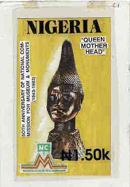 Nigeria 1993 Museum & Monuments - original hand-painted artwork for 1N50 value (Queen Mother Head) by Godrick N Osuji on card 5" x 8.75" endorsed C1