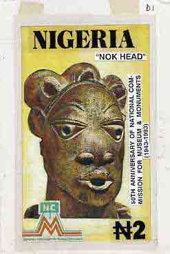 Nigeria 1993 Museum & Monuments - original hand-painted artwork for 2N value (Nok Head) by Godrick N Osuji on card 5" x 8.75" endorsed D1