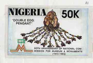 Nigeria 1993 Museum & Monuments - original hand-painted artwork for 50k value (Double Egg Pendant) by Godrick N Osuji on card 8.5" x 5" endorsed A1