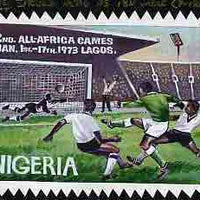 Nigeria 1973 Second All Africa Games - original hand-painted artwork (Football) on card 9" x 6" undenominated but marked 12k in red m/s, reverse shows 'Approved'