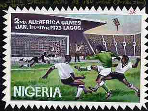 Nigeria 1973 Second All Africa Games - original hand-painted artwork (Football) on card 9" x 6" undenominated but marked 12k in red m/s, reverse shows 'Approved'