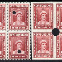 Newfoundland 1941-44 KG6 Queen Mother 3c in perf & imperf matched proof blocks of 4 from archives with checker's mark highlighting a variety for retouching, each stamp with Waterlow security punch hole, some wrinkling but probably UNIQUE (as SG 278)