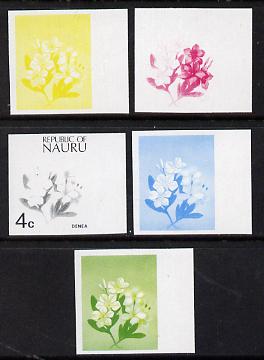 Nauru 1973 Plant (Denea) 4c definitive (SG 102) set of 5 unmounted mint IMPERF progressive proofs on gummed paper (blue, magenta, yelow, black and blue & yellow)