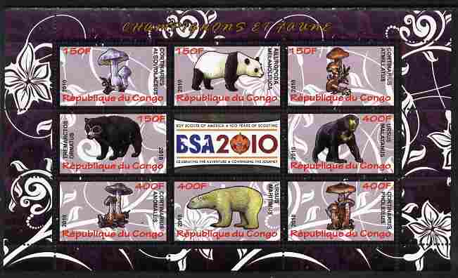 Congo 2010 Mushrooms & Fauna #01 perf sheetlet containing 8 values plus Scouts labels unmounted mint