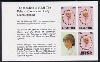 Lesotho 1981 Royal Wedding 25s x 3 (plus label) in unmounted mint imperf booklet pane (SG 451a)