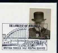 Postmark - Great Britain 1975 card bearing illustrated cancellation for Launch of HMS Newcastle (BFPS) showing Bridges
