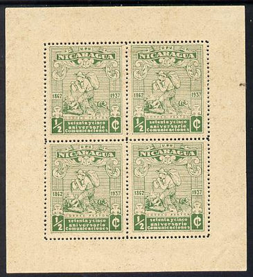 Nicaragua 1937 75th Anniversary of Postal Administration 1/2c green Letter Carrier perf sheetlet containing 4 values without gum (as issued) mounted in margins, as SG904