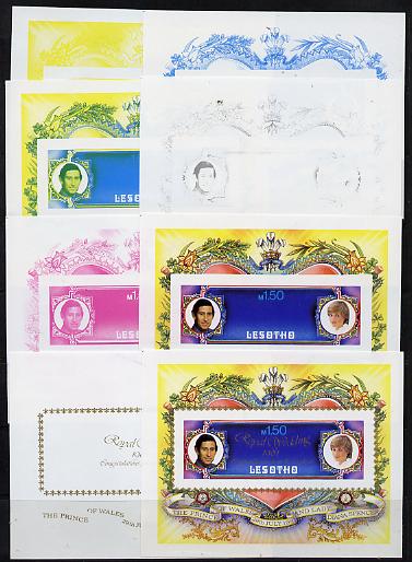 Lesotho 1981 Royal Wedding m/sheet (SG MS 454) the set of 8 imperf progressive proofs comprising the 5 individual colours plus 3 different combination composites incl completed design, extremely rare