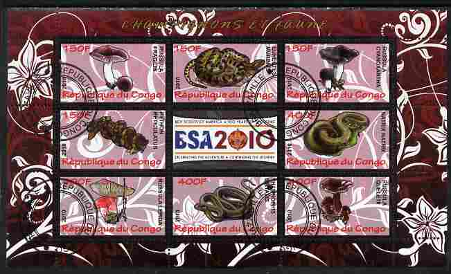 Congo 2010 Mushrooms & Fauna #03 perf sheetlet containing 8 values plus Scouts label fine cto used