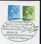 Postmark - Great Britain 1979 cover bearing illustrated cancellation for 'Cartoonists Club honour Sir Rowland Hill, Gatwick Airport