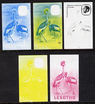 Lesotho 1982 Crowned Crane 3s the set of 5 imperf progressive proofs comprising the 4 individual colours, plus blue & yellow, scarce (as SG 502)