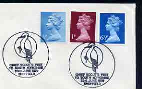 Postmark - Great Britain 1979 cover bearing illustrated cancellation for Chief Scout's Visit to South Yorkshire, showing a Woodpecker