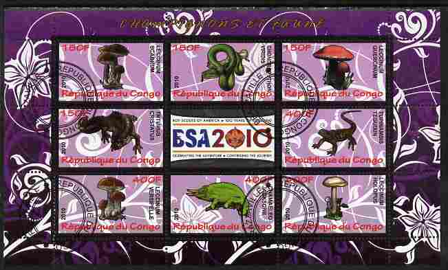 Congo 2010 Mushrooms & Fauna #05 perf sheetlet containing 8 values plus Scouts label fine cto used