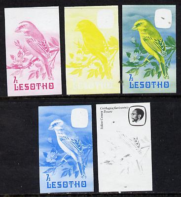 Lesotho 1981 Yellow Canary 7s the set of 5 imperf progressive proofs comprising the 4 individual colours, plus blue & yellow, scarce (as SG 442)