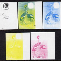 Lesotho 1981 Crowned Crane 3s the set of 5 imperf progressive proofs comprising the 4 individual colours, plus blue & yellow, scarce (as SG 439