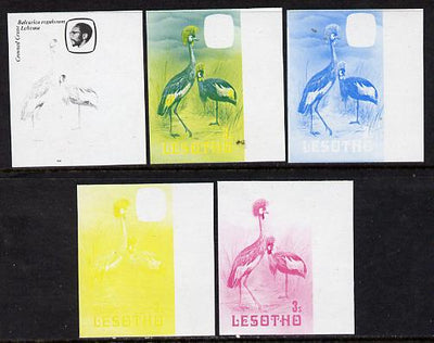 Lesotho 1981 Crowned Crane 3s the set of 5 imperf progressive proofs comprising the 4 individual colours, plus blue & yellow, scarce (as SG 439