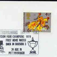 Postmark - Great Britain 1974 cover bearing illustrated cancellation for Peterborough United FC, First home match back in Division 3
