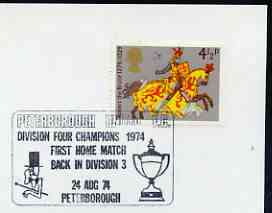 Postmark - Great Britain 1974 cover bearing illustrated cancellation for Peterborough United FC, First home match back in Division 3