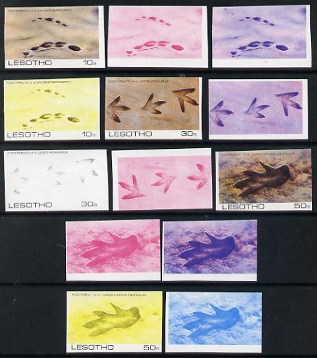 Lesotho 1984 Prehistoric Footprints set of 3 each x 4 (or 5) various single or combination composites incl completed design, very scarce with only 30 such sets believed to have been produced (13 proofs, as SG 596-8) unmounted mint