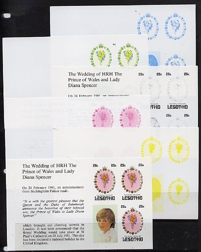 Lesotho 1981 Royal Wedding 25s value (x 3) in booklet panes as SG 451a x 6 imperf progressive proofs comprising various single colour or composite combinations, extremely scarce (6 panes)