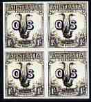 Australia 1932 Lyre Bird 1s opt'd OS imperf block of 4 being a 'Hialeah' forgery on gummed paper (as SG O136)