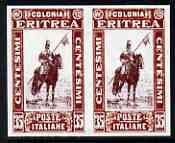 Eritrea 1930 Lancer 35c imperf pair being a 'Hialeah' forgery on gummed paper (as SG 156)