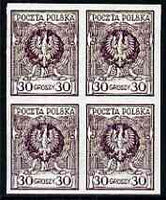 Poland 1924 Eagle 30g imperf block of 4 being a 'Hialeah' forgery on gummed paper (as SG 219)