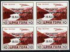Montenegro - German Occupation 1943 National Administration opt on 10L imperf block of 4 being a 'Hialeah' forgery on gummed paper (as SG 94)