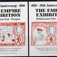 Exhibition souvenir sheets for 1988 50th Anniversary Empire Exhibition, set of 2 sheets each showing KG6 stamp essay by James Walker (Map) unmounted mint