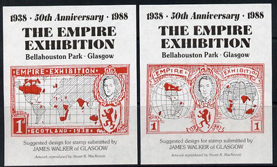 Exhibition souvenir sheets for 1988 50th Anniversary Empire Exhibition, set of 2 sheets each showing KG6 stamp essay by James Walker (Map) unmounted mint