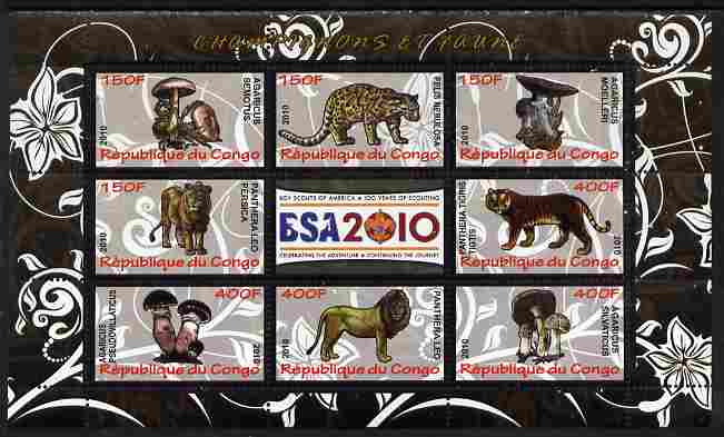 Congo 2010 Mushrooms & Fauna #10 perf sheetlet containing 8 values plus Scouts label unmounted mint