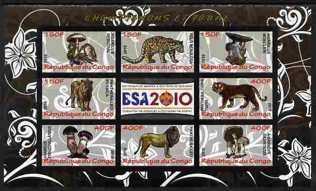 Congo 2010 Mushrooms & Fauna #10 imperf sheetlet containing 8 values plus Scouts label unmounted mint