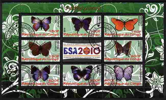 Congo 2010 Butterflies #01 perf sheetlet containing 8 values plus Scouts label fine cto used