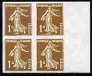 France 1932 Sower 1c imperf block of 4 being a 'Hialeah' forgery on gummed paper (as SG 497)
