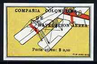 Colombia 1920 Left Wing of Biplane 10c imperf being a 'Hialeah' forgery on gummed paper (as SG 3)