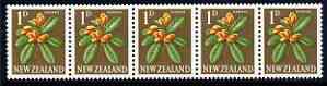 New Zealand 1960-66 Karaka 1d (from def set) perf 14.5x13 coil strip of 5 full perfs unmounted mint, SG 782b